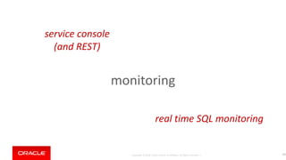 Copyright © 2018, Oracle and/or its affiliates. All rights reserved. |
monitoring
161
real time SQL monitoring
service console
(and REST)
 