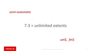 Copyright © 2018, Oracle and/or its affiliates. All rights reserved. |
7.3 = unlimited extents
32
semi-automatic
uet$, fet$
 