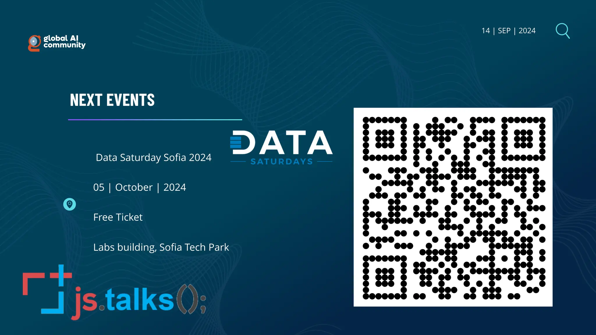 14 | SEP | 2024
NEXT EVENTS
Data Saturday Sofia 2024
05 | October | 2024
Free Ticket
Labs building, Sofia Tech Park
 