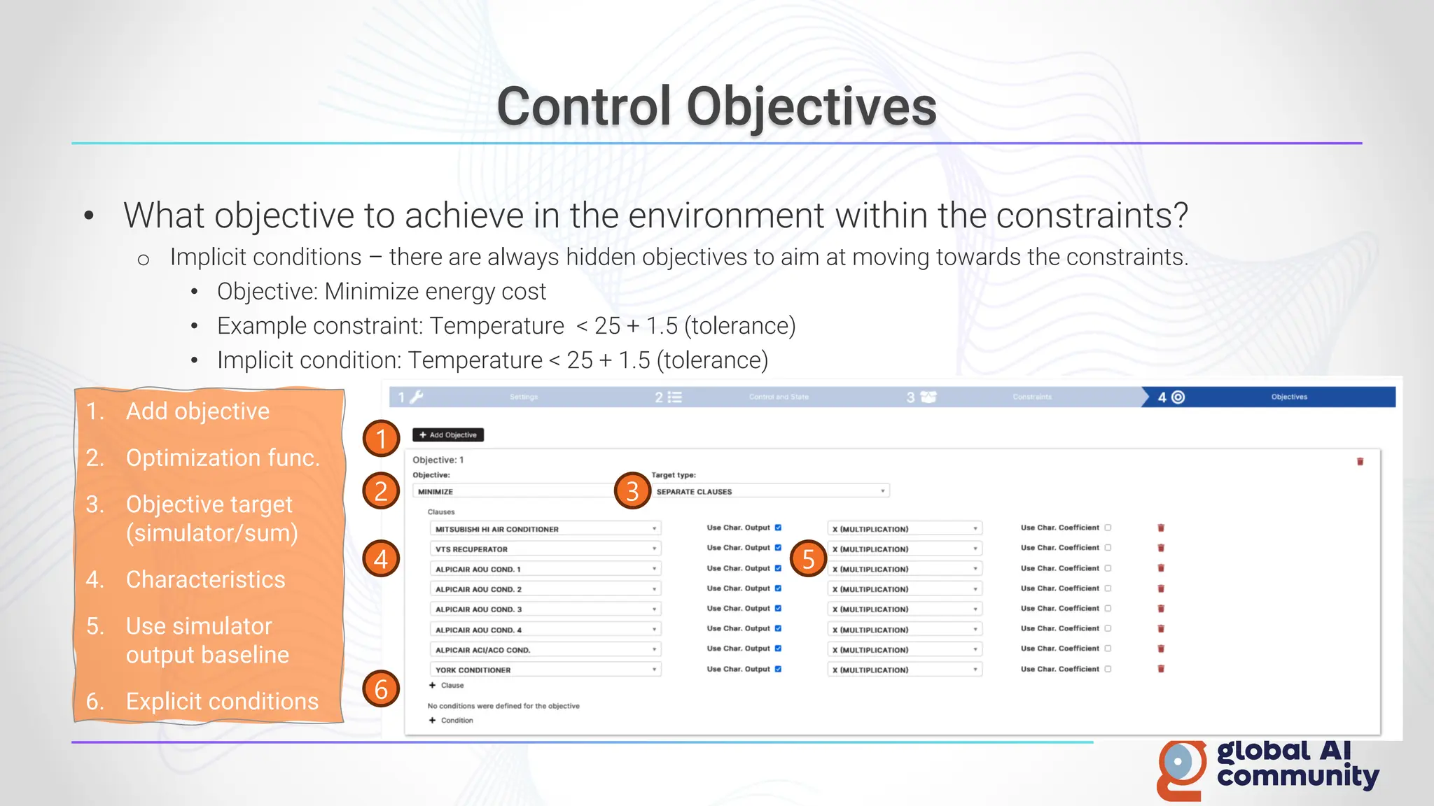 Control Objectives
• What objective to achieve in the environment within the constraints?
o Implicit conditions – there are always hidden objectives to aim at moving towards the constraints.
• Objective: Minimize energy cost
• Example constraint: Temperature < 25 + 1.5 (tolerance)
• Implicit condition: Temperature < 25 + 1.5 (tolerance)
1. Add objective
2. Optimization func.
3. Objective target
(simulator/sum)
4. Characteristics
5. Use simulator
output baseline
6. Explicit conditions
1
2
6
3
4 5
 