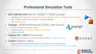 Professional Simulation Tools
• MATLAB+Simulink Add-on - €2200 € + €3200 usr/year
o Modeling and simulation of mechanical systems (multi-body dynamics, robotics, and mechatronics).
o PID controllers, state-space controllers – to achieve stability
o Steep learning curve
• Anylogic - €8900 (Professional), €2250 / year (Cloud)
o Free for educational purposes models
o Typical scenarios: transportation, logistic, manufacturing
o Easier to start with
• Gazebo Sim + ROS (Free Source)
o Gazebo precise physics, sensors and rendering models. Tutorials & Video here
• Custom (Python + Gym)
o Supports discrete events, system dynamics, real-world systems Sample code:
https://github.com/microsoft/microsoft-bonsai-api/tree/main/Python/samples/gym-highway
 