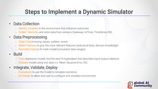 Steps to Implement a Dynamic Simulator
• Data Collection
o Identify Variables in the environment that influence outcomes
o Collect Telemetry and store data from sensors (Gateway, IoTHub, TimeSeries DB)
• Data Preprocessing
o Clean Data (missing values, outliers, noise)
o Select Features to pick the most relevant features (statistical tests, domain knowledge)
o Normalize Data to fit math model (consistent data ranges)
• Build
o Train regression model, find the best fit hyperplane that describes input-output relations
o Evaluate model using test data (i.e. Mean Squared Error, R2)
• Integrate, Validate, Deploy
o Framework to use the model to simulate scenarios
o UX Design to allow end-user to configure and visualize environment
 