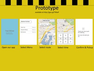 Prototype
                             available at http://goo.gl/TNlwP




Open our app   Select Menu        Select route             Select time   Confirm & Pickup
 