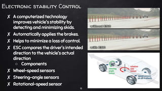 Electronic stability Control
✘ A computerized technology
improves vehicle's stability by
detecting and minimizing skids.
✘ Automatically applies the brakes.
✘ Helps to minimize a loss of control.
✘ ESC compares the driver's intended
direction to the vehicle's actual
direction
○ Components
✘ Wheel-speed sensors
✘ Steering-angle sensors
✘ Rotational-speed sensor
15
 