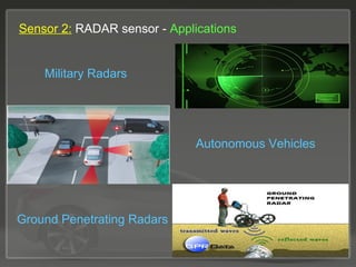 Sensor 2: RADAR sensor - Applications
Military Radars
Autonomous Vehicles
Ground Penetrating Radars
 