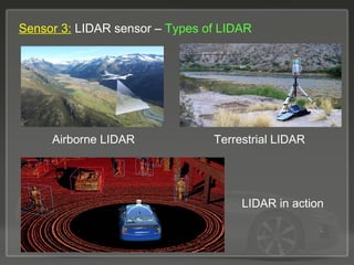Sensor 3: LIDAR sensor – Types of LIDAR
LIDAR in action
Airborne LIDAR Terrestrial LIDAR
 