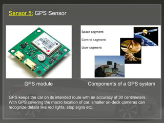 Sensor 5: GPS Sensor
GPS keeps the car on its intended route with an accuracy of 30 centimeters.
With GPS covering the macro location of car, smaller on-deck cameras can
recognize details like red lights, stop signs etc.
GPS module Components of a GPS system
 
