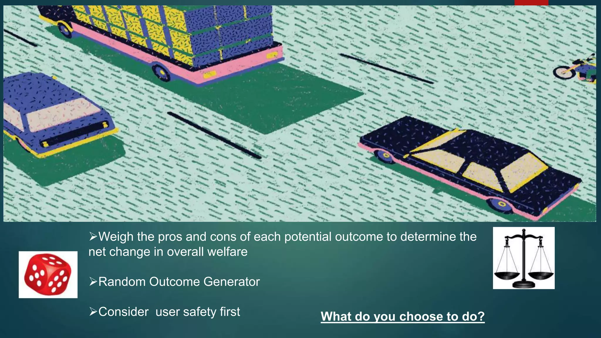 Weigh the pros and cons of each potential outcome to determine the
net change in overall welfare
Random Outcome Generator
Consider user safety first What do you choose to do?
 