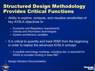 34 
Structured Design Methodology 
Provides Critical Functions 
• Ability to explore, compute, and visualize sensitivities of 
key AVSLA objectives to: 
– Economic and Regulatory requirements 
– Vehicle and Information technologies 
– System architecture variables 
• It is critical to quantify and track RISK from the beginning 
in order to realize the advanced AVSLA concept 
– A credible technology roadmap, including risk, is essential for 
NASA to consider funding in base R&T 
• Design Decision Documentation 
 