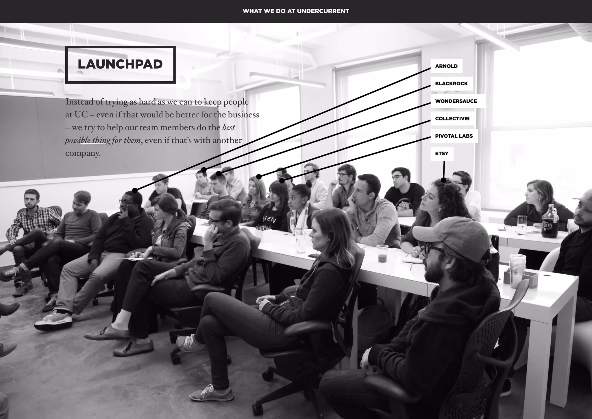 AUTONOMY – FUTURE OF WORK PAGE 14
LAUNCHPAD
WHAT WE DO AT UNDERCURRENT
Instead of trying as hard as we can to keep people  
at UC – even if that would be better for the business
– we try to help our team members do the best  
possible thing for them, even if that’s with another
company. ETSY
ARNOLD
COLLECTIVEI
BLACKROCK
WONDERSAUCE
PIVOTAL LABS
 
