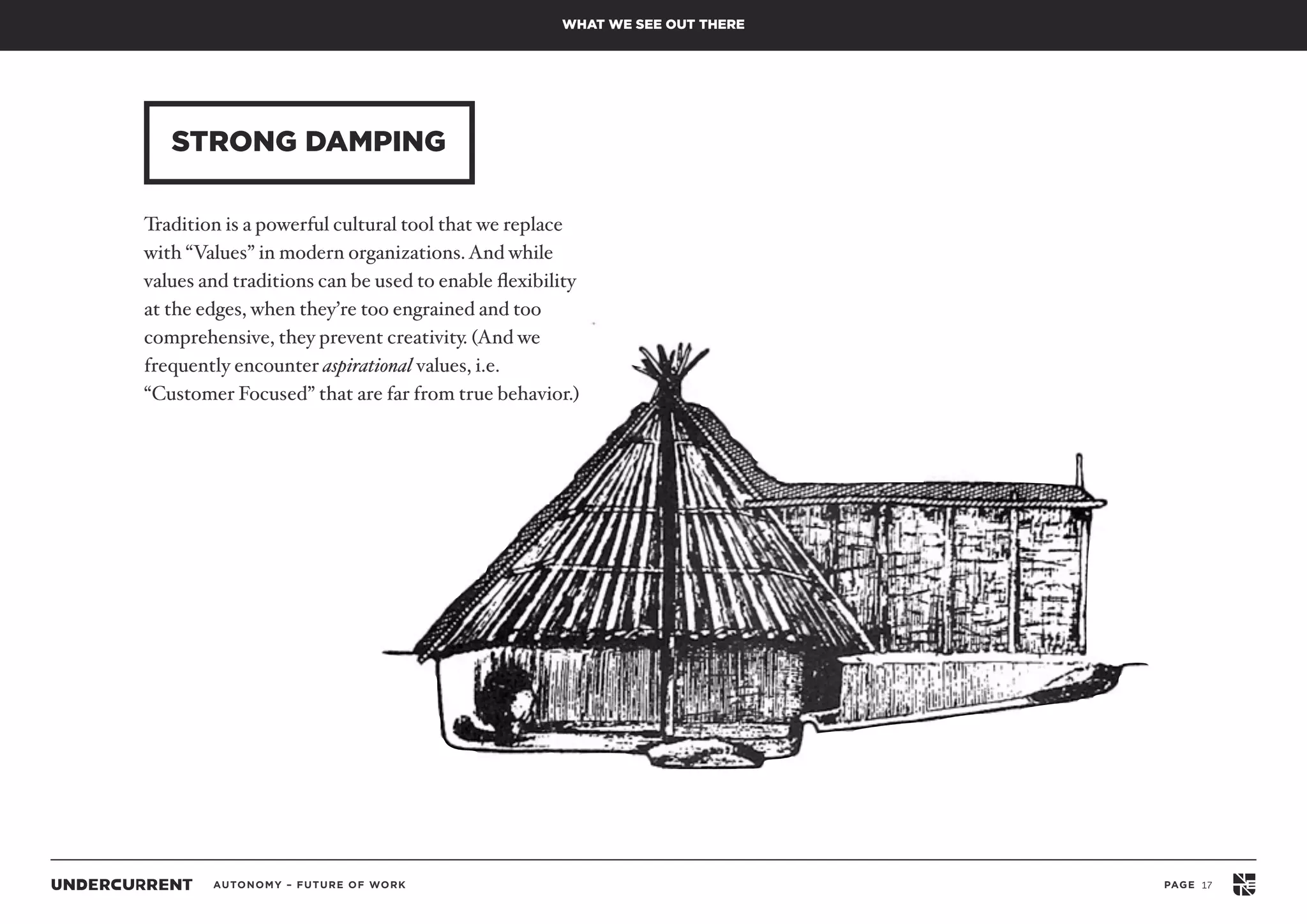 AUTONOMY – FUTURE OF WORK PAGE 17
STRONG DAMPING
WHAT WE SEE OUT THERE
Tradition is a powerful cultural tool that we replace
with “Values” in modern organizations. And while
values and traditions can be used to enable ﬂexibility
at the edges, when they’re too engrained and too
comprehensive, they prevent creativity. (And we
frequently encounter aspirational values, i.e.
“Customer Focused” that are far from true behavior.)
 