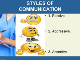 STYLES OF
COMMUNICATION
• 1. Passive
• 2. Aggressive.
• 3. Assertive
 
