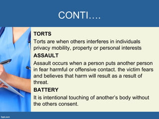 CONTI….
TORTS
Torts are when others interferes in individuals
privacy mobility, property or personal interests
ASSAULT
Assault occurs when a person puts another person
in fear harmful or offensive contact. the victim fears
and believes that harm will result as a result of
threat.
BATTERY
It is intentional touching of another’s body without
the others consent.
 