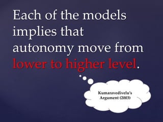 Each of the models
implies that
autonomy move from
lower to higher level.
Kumaravedivelu’s
Argument (2003)
 