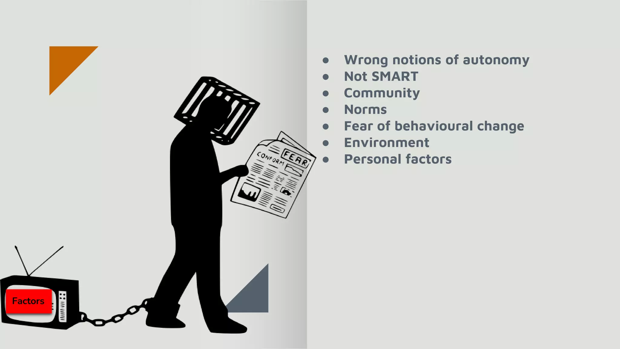 ● Wrong notions of autonomy
● Not SMART
● Community
● Norms
● Fear of behavioural change
● Environment
● Personal factors
Factors
 