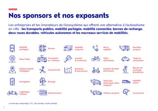 7
Nos sponsors et nos exposants
Les entreprises et les innovateurs de l'écosystème qui offrent une alternative à l'autosolisme
en ville : les transports publics, mobilité partagée, mobilité connectée, bornes de recharge,
deux roues durables, véhicules autonomes et les nouveaux services de mobilités.
P
Mobilité
partagée* Drones
Navettes
propres
Micro
mobilité
Mobilité
inclusive
Smart data Transports
en commun
Voitures
autonomes
Vélos
électriques
Conseil
& recherche
Stationnement
intelligent
Connectivité
Bornes de
recharge
& batteries
Scooters & moto
électriques
Banques
& assurances
Navigation Energie
Mobilité
active
Véhicules
électriques ultra
compact
Logistique
urbaine Infrastructure AccessoiresVoitures propres
*covoiturage, autopartage, VTC, vélo partagé, scooter partagé
 