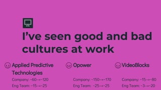 I’ve seen good and bad
cultures at work
VideoBlocks
Company: ~15→~80
Eng Team: ~3→~20
Applied Predictive
Technologies
Company: ~60→~120
Eng Team: ~15→~25
Opower
Company: ~150→~170
Eng Team: ~25→~25
 