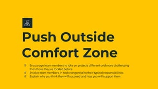 Push Outside
Comfort Zone
∎ Encourage team members to take on projects different and more challenging
than those they’ve tackled before
∎ Involve team members in tasks tangential to their typical responsibilities
∎ Explain why you think they will succeed and how you will support them
 