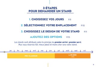 8
3 ÉTAPES
POUR DEMANDER UN STAND
1. CHOISISSEZ VOS JOURS P.9
3. CHOISISSEZ LE DESIGN DE VOTRE STAND P.11
AJOUTEZ DES OPTIONS P.15
2. SÉLECTIONNEZ VOTRE EMPLACEMENT P.10
jan. fev. mars avril mai juin juil. août sept. oct.
LATE-BIRD
+15%
PRIX CLASSIQUE
Les stands sont attribués selon le principe du premier arrivé : premier servi.
Plus vous réservez tôt, mieux placé et moins cher sera votre stand.
 