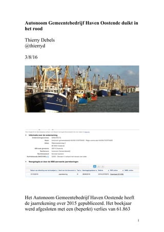 Autonoom Gemeentebedrijf Haven Oostende duikt in
het rood
Thierry Debels
@thierryd
3/8/16
Het Autonoom Gemeentebedrijf Haven Oostende heeft
de jaarrekening over 2015 gepubliceerd. Het boekjaar
werd afgesloten met een (beperkt) verlies van 61.863
1
 