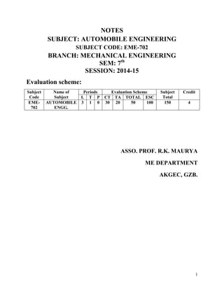 1
NOTES
SUBJECT: AUTOMOBILE ENGINEERING
SUBJECT CODE: EME-702
BRANCH: MECHANICAL ENGINEERING
SEM: 7th
SESSION: 2014-15
Evaluation scheme:
Subject
Code
Name of
Subject
Periods Evaluation Scheme Subject
Total
Credit
L T P CT TA TOTAL ESC
EME-
702
AUTOMOBILE
ENGG.
3 1 0 30 20 50 100 150 4
ASSO. PROF. R.K. MAURYA
ME DEPARTMENT
AKGEC, GZB.
 