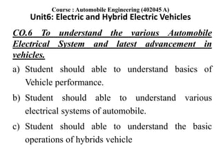 CO.6 To understand the various Automobile
Electrical System and latest advancement in
vehicles.
a) Student should able to understand basics of
Vehicle performance.
b) Student should able to understand various
electrical systems of automobile.
c) Student should able to understand the basic
operations of hybrids vehicle
Course : Automobile Engineering (402045 A)
Unit6: Electric and Hybrid Electric Vehicles
 