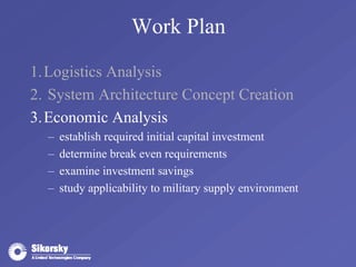 Work Plan 
1.Logistics Analysis 
2. System Architecture Concept Creation 
3.Economic Analysis 
– establish required initial capital investment 
– determine break even requirements 
– examine investment savings 
– study applicability to military supply environment 
 