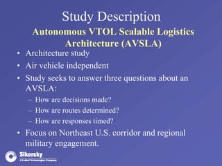 Study Description 
Autonomous VTOL Scalable Logistics 
Architecture (AVSLA) 
• Architecture study 
• Air vehicle independent 
• Study seeks to answer three questions about an 
AVSLA: 
– How are decisions made? 
– How are routes determined? 
– How are responses timed? 
• Focus on Northeast U.S. corridor and regional 
military engagement. 
 