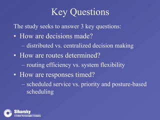 Key Questions 
The study seeks to answer 3 key questions: 
• How are decisions made? 
– distributed vs. centralized decision making 
• How are routes determined? 
– routing efficiency vs. system flexibility 
• How are responses timed? 
– scheduled service vs. priority and posture-based 
scheduling 
 
