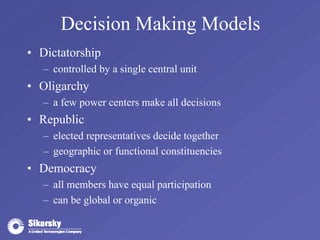 Decision Making Models 
• Dictatorship 
– controlled by a single central unit 
• Oligarchy 
– a few power centers make all decisions 
• Republic 
– elected representatives decide together 
– geographic or functional constituencies 
• Democracy 
– all members have equal participation 
– can be global or organic 
 