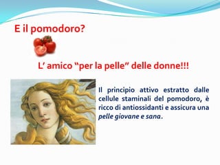 E il pomodoro?


    L amico per la pelle delle donne!!!

                   Il principio attivo estratto dalle
                   cellule staminali del pomodoro, 
                   ricco di antiossidanti e assicura una
                   pelle giovane e sana.
 