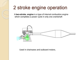 2 stroke engine operation
Used in chainsaws and outboard motors,
A two-stroke, engine is a type of internal combustion engine
which completes a power cycle in only one crankshaft
 