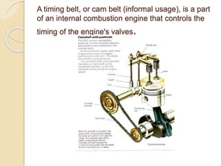A timing belt, or cam belt (informal usage), is a part
of an internal combustion engine that controls the
timing of the engine's valves.
 