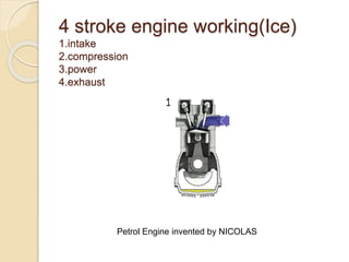 4 stroke engine working(Ice)
1.intake
2.compression
3.power
4.exhaust
Petrol Engine invented by NICOLAS
 