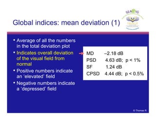 © Thomas R
• Average of all the numbers
in the total deviation plot
• Indicates overall deviation
of the visual field from
normal
• Positive numbers indicate
an ‘elevated’ field
• Negative numbers indicate
a ‘depressed’ field
Global indices: mean deviation (1)
MD –2.18 dB
PSD 4.63 dB; p < 1%
SF 1.24 dB
CPSD 4.44 dB; p < 0.5%
 