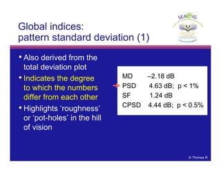 © Thomas R
• Also derived from the
total deviation plot
• Indicates the degree
to which the numbers
differ from each other
• Highlights ‘roughness’
or ‘pot-holes’ in the hill
of vision
Global indices:
pattern standard deviation (1)
MD –2.18 dB
PSD 4.63 dB; p < 1%
SF 1.24 dB
CPSD 4.44 dB; p < 0.5%
 