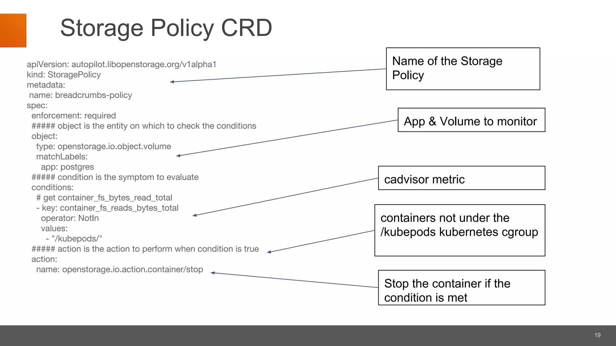 19
Storage Policy CRD
apiVersion: autopilot.libopenstorage.org/v1alpha1
kind: StoragePolicy
metadata:
name: breadcrumbs-policy
spec:
enforcement: required
##### object is the entity on which to check the conditions
object:
type: openstorage.io.object.volume
matchLabels:
app: postgres
##### condition is the symptom to evaluate
conditions:
# get container_fs_bytes_read_total
- key: container_fs_reads_bytes_total
operator: NotIn
values:
- "/kubepods/"
##### action is the action to perform when condition is true
action:
name: openstorage.io.action.container/stop
Name of the Storage
Policy
App & Volume to monitor
cadvisor metric
containers not under the
/kubepods kubernetes cgroup
Stop the container if the
condition is met
 