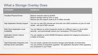 What a Storage Overlay Does
CATEGORY EXAMPLES
Virtualize Physical Drives Reduce compute costs by 40-60%
Reduce storage costs by 30% or more
Reduce ops and support costs by $1.8 million annually
High Application Density Support You can run upto 200 volumes per host with over 2000 containers on just a 6 node
cluster - with just 6 EBS volumes
Multi Cloud Application Level
Availability
You can failover an entire Cassandra cluster to a different region or cloud within
seconds - and automatically restore your namespace, PVCs and PODs
Application Centric Volume
Management
You can migrate an entire 500GB Wordpress website from staging to production in
a matter of minutes
Tight Kubernetes Integration and
DevOps driven automation
You can create, operate and provision storage automatically via Kubernetes
You can achieve no-downtime upgrades - No application disruption while upgrading
any component in your PaaS
 