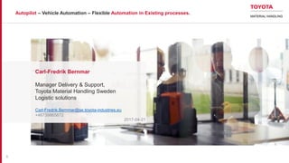 Autopilot – Vehicle Automation – Flexible Automation in Existing processes.
Carl-Fredrik Bernmar
Manager Delivery & Support,
Toyota Material Handling Sweden
Logistic solutions
Carl-Fredrik.Bernmar@se.toyota-industries.eu
+46739865872
2017-04-21
1
 