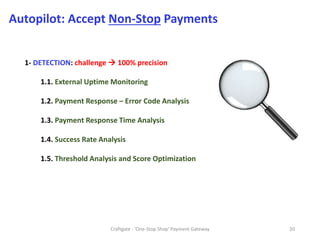 Craftgate - 'One-Stop Shop' Payment Gateway 20
Autopilot: Accept Non-Stop Payments
1- DETECTION: challenge  100% precision
1.1. External Uptime Monitoring
1.2. Payment Response – Error Code Analysis
1.3. Payment Response Time Analysis
1.4. Success Rate Analysis
1.5. Threshold Analysis and Score Optimization
 