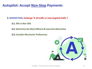 Craftgate - 'One-Stop Shop' Payment Gateway 21
Autopilot: Accept Non-Stop Payments
2- REDIRECTION: challenge  all traffic or only targeted traffic ?
2.1. 3DS vs Non-3DS
2.2. Determine the Most Efficient & Low-Cost Alternative
2.3. Consider Merchants’ Preferences
 