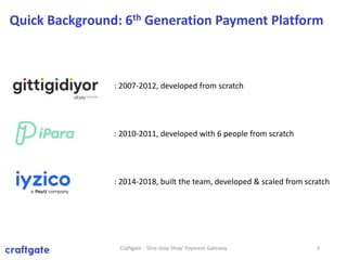 Quick Background: 6th Generation Payment Platform
: 2007-2012, developed from scratch
: 2010-2011, developed with 6 people from scratch
: 2014-2018, built the team, developed & scaled from scratch
Craftgate - 'One-Stop Shop' Payment Gateway 3
 