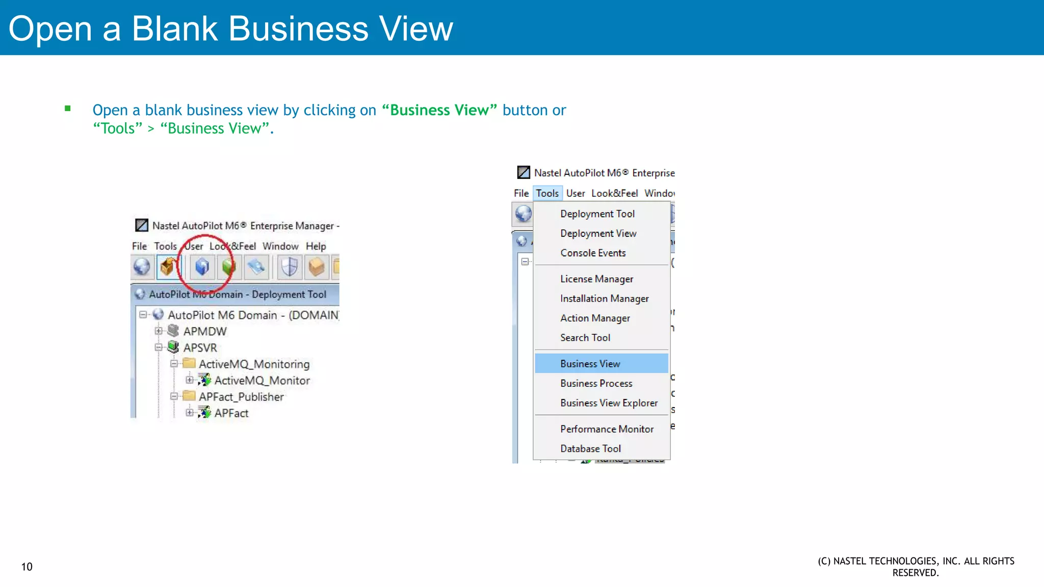 Open a Blank Business View
 Open a blank business view by clicking on “Business View” button or
“Tools” > “Business View”.
10
(C) NASTEL TECHNOLOGIES, INC. ALL RIGHTS
RESERVED.
 