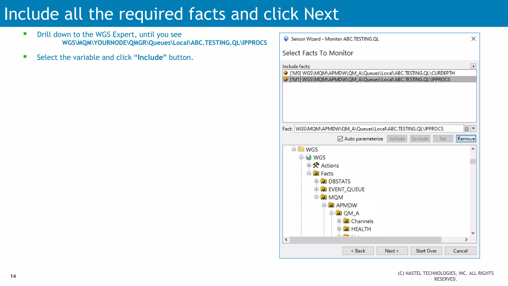Select Facts to Monitor
 Drill down to the WGS Expert, until you see
WGSMQMYOURNODEQMGRQueuesLocalABC.TESTING.QLIPPROCS
 Select the variable and click “Include” button.
Include all the required facts and click Next
14
(C) NASTEL TECHNOLOGIES, INC. ALL RIGHTS
RESERVED.
 