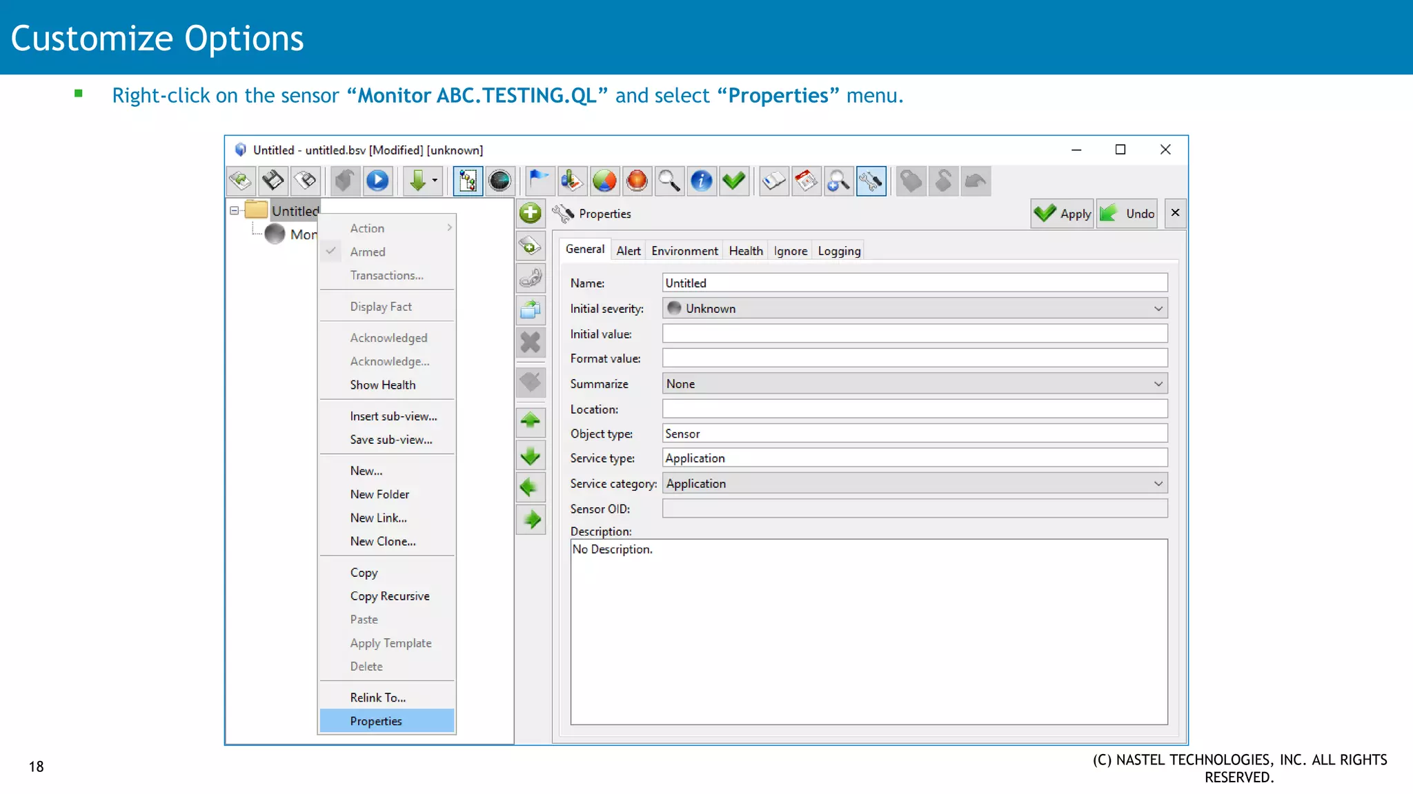 Customize Options
18 (C) NASTEL TECHNOLOGIES, INC. ALL RIGHTS
RESERVED.
 Right-click on the sensor “Monitor ABC.TESTING.QL” and select “Properties” menu.
 