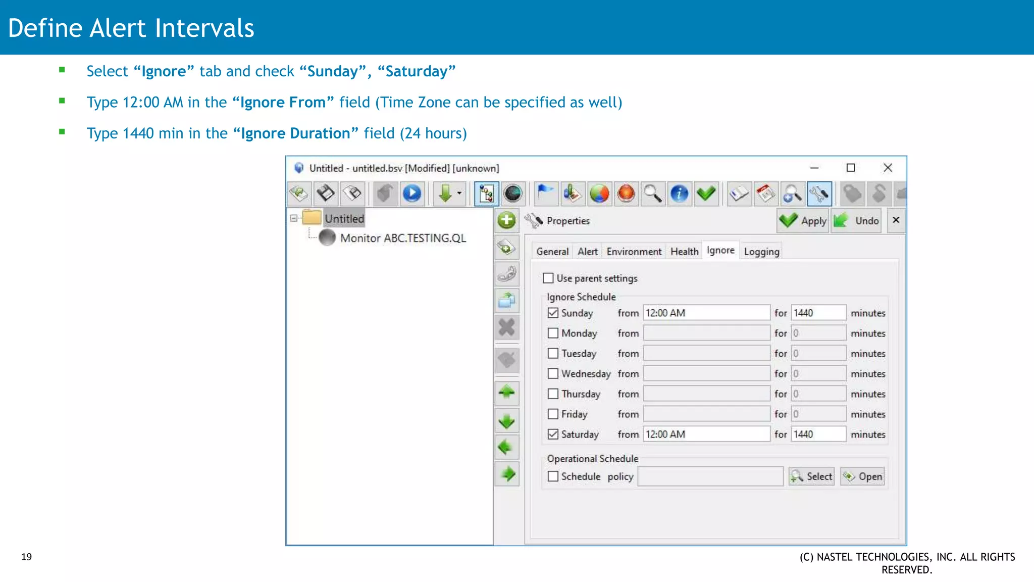 Define Alert Intervals
19 (C) NASTEL TECHNOLOGIES, INC. ALL RIGHTS
RESERVED.
 Select “Ignore” tab and check “Sunday”, “Saturday”
 Type 12:00 AM in the “Ignore From” field (Time Zone can be specified as well)
 Type 1440 min in the “Ignore Duration” field (24 hours)
 