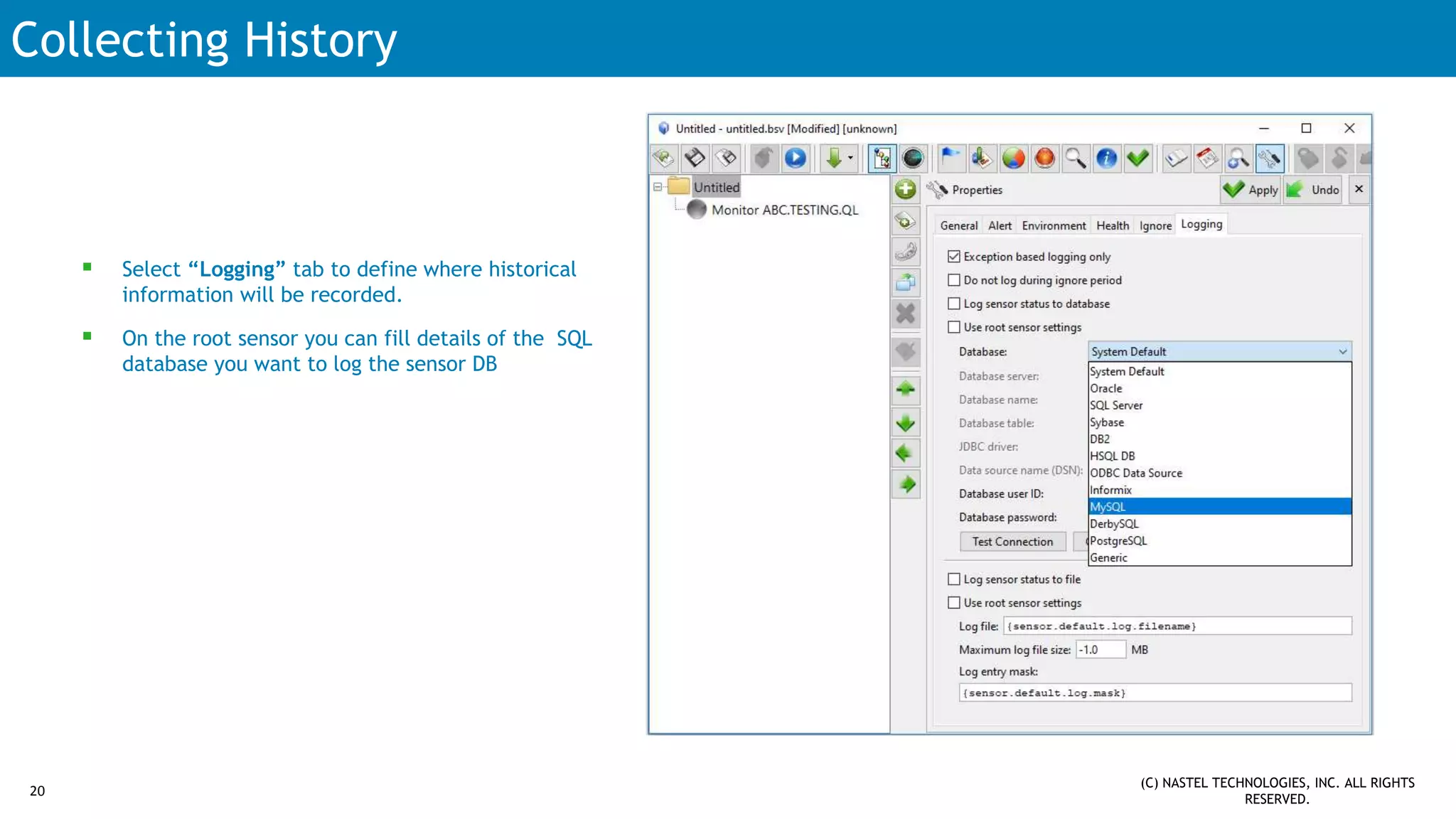 Collecting History
 Select “Logging” tab to define where historical
information will be recorded.
 On the root sensor you can fill details of the SQL
database you want to log the sensor DB
20
(C) NASTEL TECHNOLOGIES, INC. ALL RIGHTS
RESERVED.
 