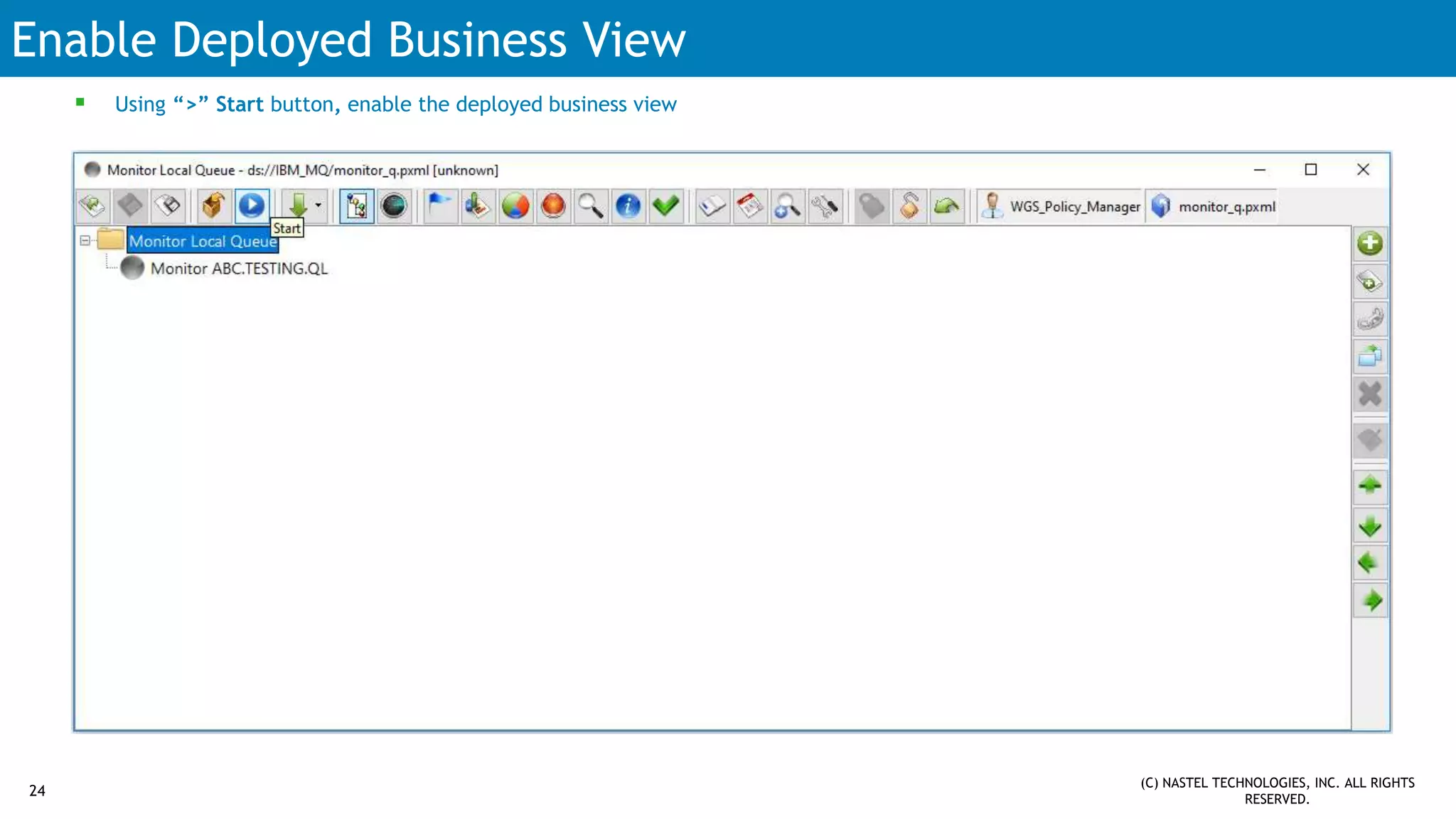 Enable Deployed Business View
 Using “>” Start button, enable the deployed business view
(C) NASTEL TECHNOLOGIES, INC. ALL RIGHTS
RESERVED.
24
 