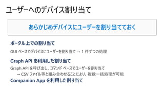 ユーザーへのデバイス割り当て
あらかじめデバイスにユーザーを割り当てておく
ポータル上での割り当て
GUI ベースでデバイスにユーザーを割り当て → 1 件ずつの処理
Graph API を利用した割り当て
Graph API を呼び出し、コマンド ベースでユーザーを割り当て
→ CSV ファイル等と組み合わせることにより、複数一括処理が可能
Companion App を利用した割り当て
 