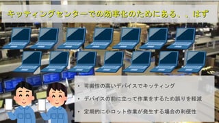 • 可搬性の高いデバイスでキッティング
• デバイスの前に立って作業をするため誤りを軽減
• 定期的に小ロット作業が発生する場合の利便性
 